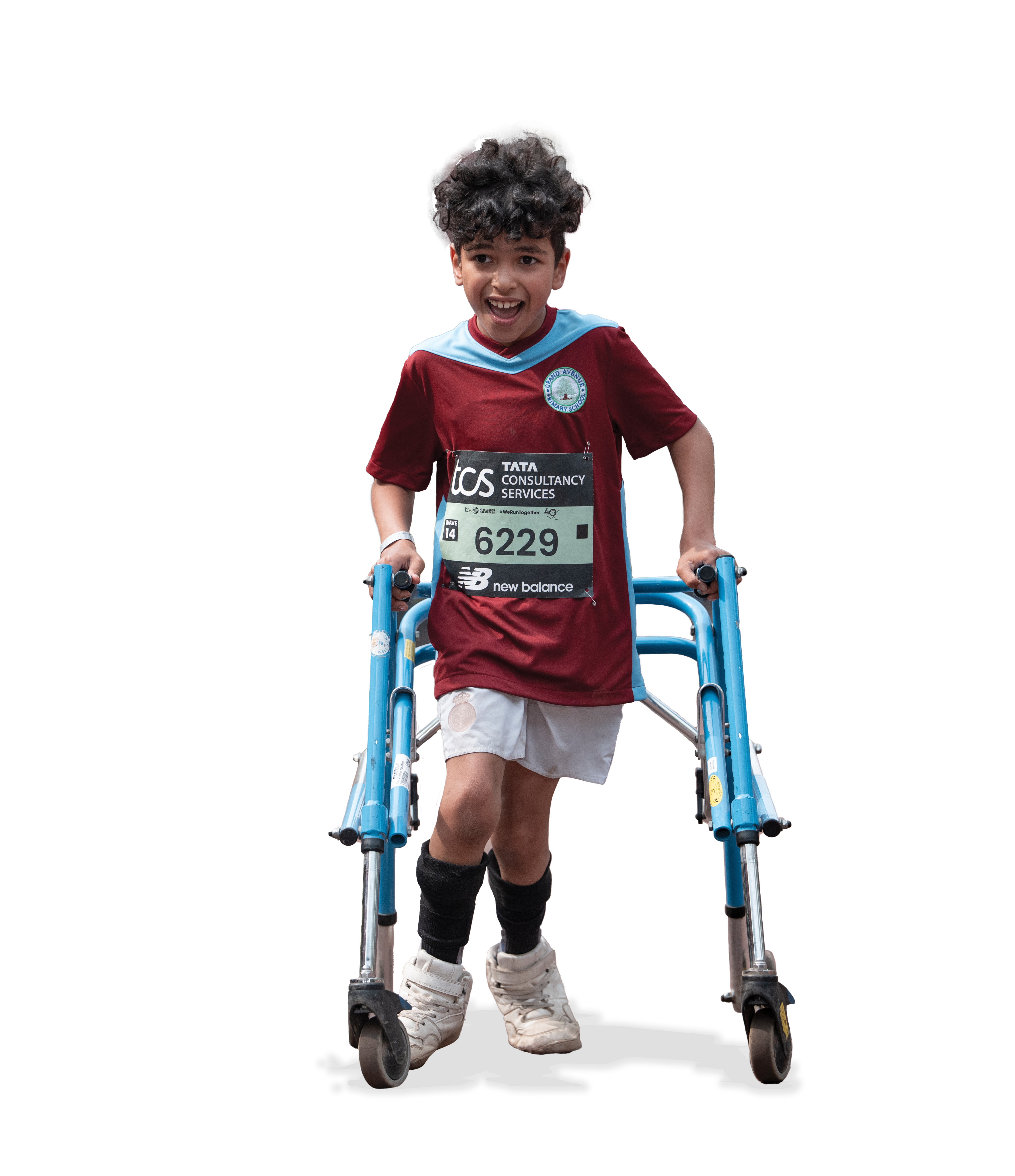 Boy using a walker, running in a race